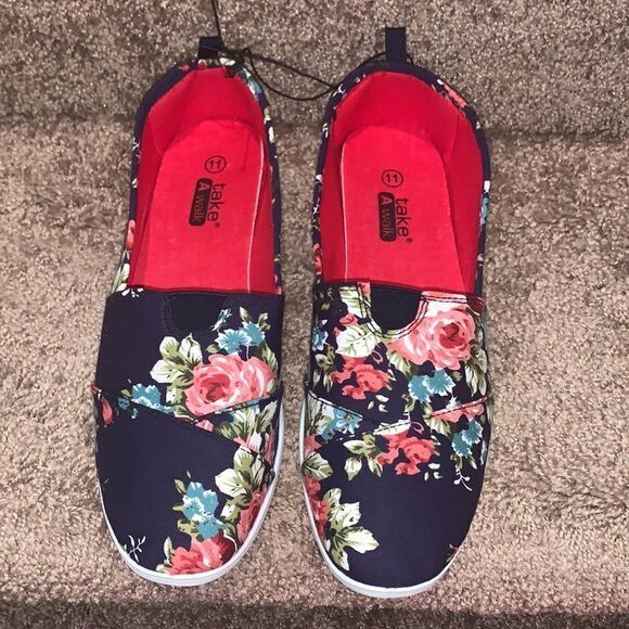 Navy Blue Floral Printed Canvas shoes - Picture 1 of 8